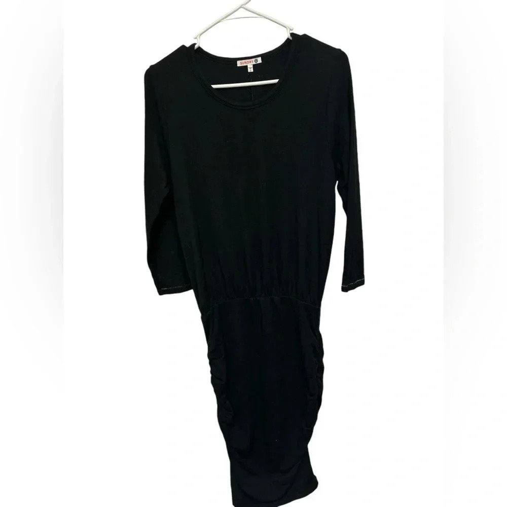 Sundry Womens Dress Blouson Ruched Black 3/4 Sleeves Gold Thread